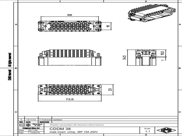 male insert, size 66.16, 38p+PE, crimp, 10A, 250V