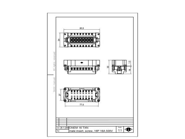 male insert, 16p+PE, silver, screw, 16A, 500V, for size 77.62 no.17-32