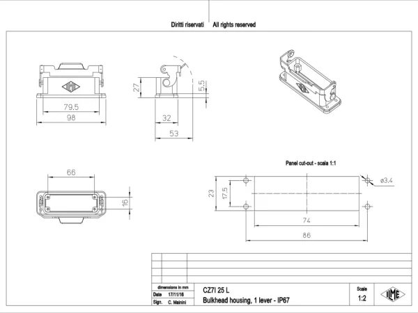 bulkhead mounting housing, size 66.16, CZ7 alu, 1 rigid lever