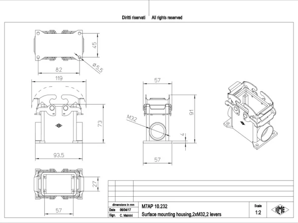 surface mounting housing, high, size 57.27, V-TYPE alu, 2 levers, 2xM32 side