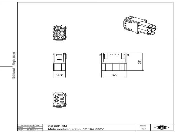 male insert, MIXO, 1MU, 6p, crimp, 16A, 830V, protected