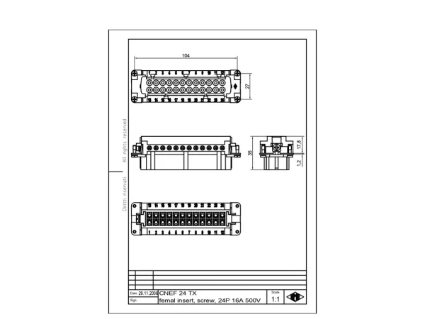 female insert, size 104.27, 24p+PE, silver, screw, 16A, 500V