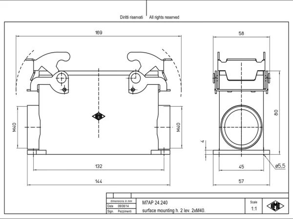 surface mounting housing, high, size 104.27, V-TYPE alu, 2 levers, 2xM40 side