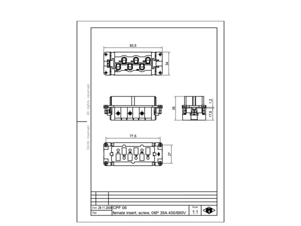 female insert, size 77.27, 6p+PE, silver, screw, 35A, 400/690V