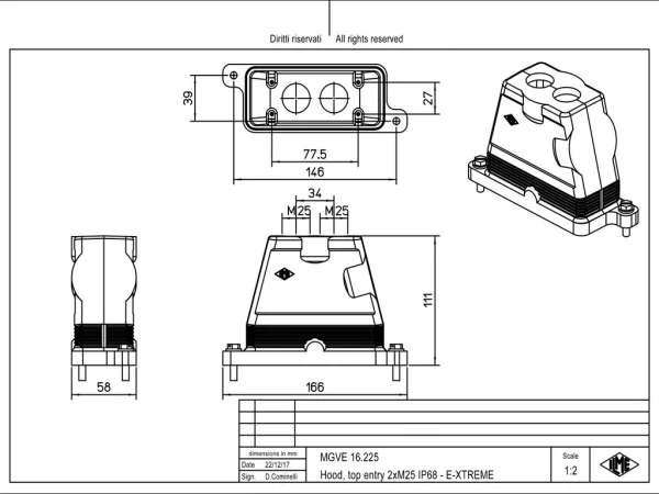 hood, size 77.27, IP68 E-Xtreme alu, screw locking, 2xM25 top