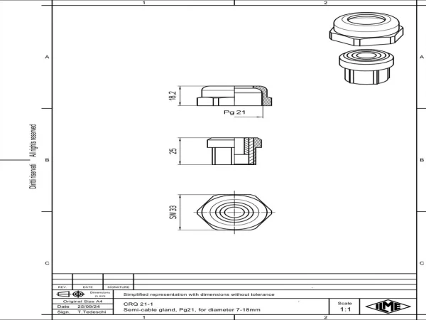 Semi-cable gland, PG21, wire section range 7,0-18mm