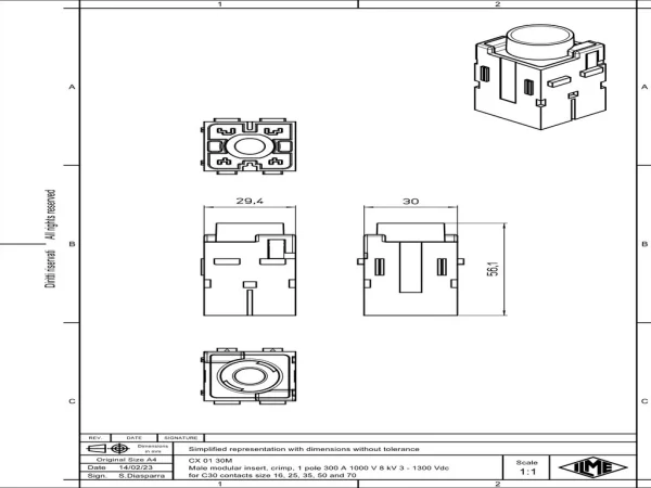 male insert, MIXO, 2MU, 1p, crimp, 300A, 1000V