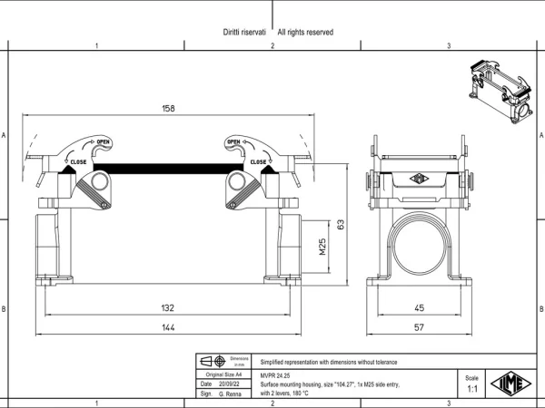 surface mounting housing, size 104.27, 180 °C alu, 2 levers, 1xM25 side