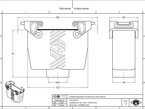 hood, high, size 104.27, T-TYPE /C plastic, 2 levers, 1xM40 top