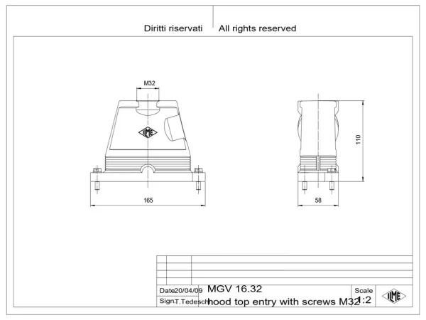hood, size 77.27, IP68 alu, screw locking, 1xM32 top