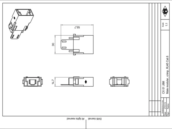 male insert, MIXO, 1MU, for RJ45 male insert CX 8 J6M
