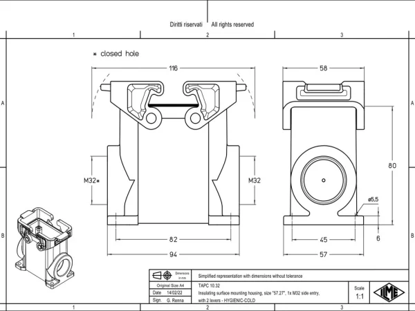 surface mounting housing, high, size 57.27, T-TYPE C plastic, 2 levers, 1xM32 side