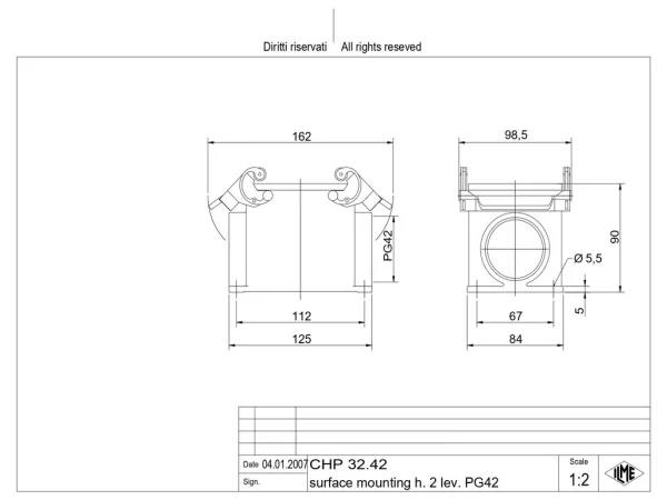 surface mounting housing, size 77.62, C-TYPE alu, 2 levers, 1xPG42 side