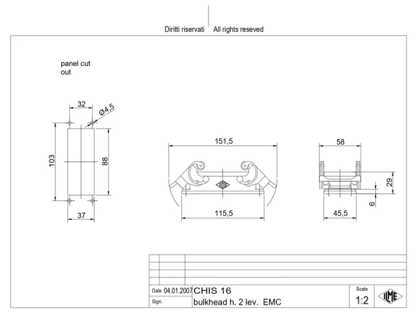 bulkhead mounting housing, size 77.27, EMC alu, 2 levers