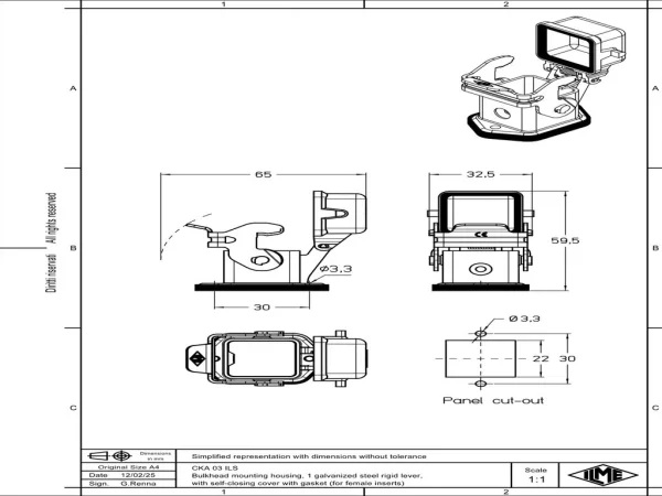 bulkhead mounting housing, size 21.21, CKA zinc, 1 lever steel, spring cover, for female inserts