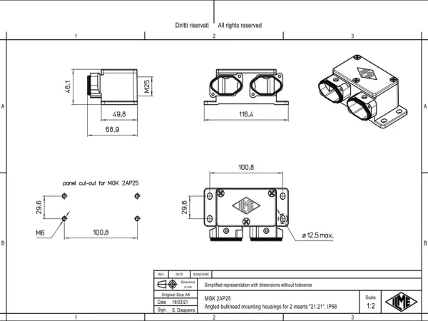 double housing, angled, IP68 alu, screw locking, 1xM25, with 2x CGK I integrated, for inserts 21.21
