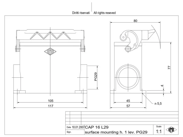 surface mounting housing, high, size 77.27, C-TYPE alu, 1 lever, 1xPG29 side