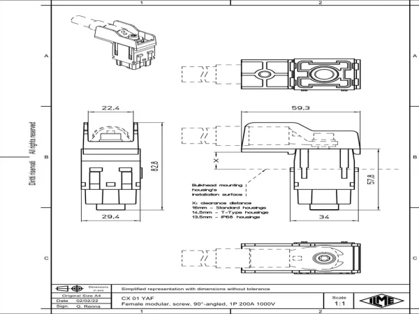 female insert, MIXO, 2 MU, 1p, silver, screw, 90° angled, 200A, 1000V