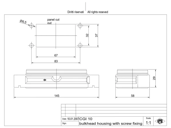 bulkhead mounting housing, size 57.27, IP68 alu, screw locking