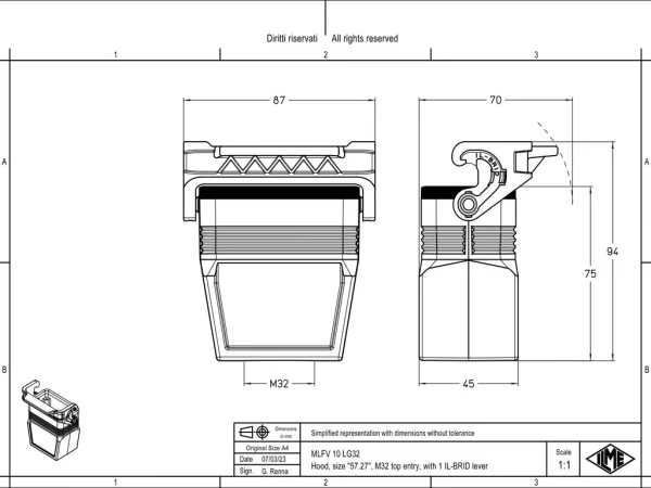 hood, size 57.27, IL-BRID stainless steel, 1 lever, 1xM32 top