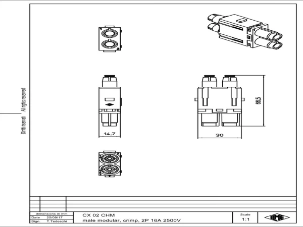 male insert, MIXO, 1MU, 2p, teflon, crimp, 16A, 2500V