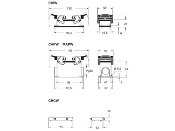 surface mounting housing, high, size 57.27, W-TYPE alu, 2 levers, 1xM32 side