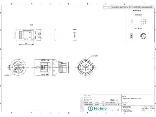 Micro socket connector panel-mounted screw M11