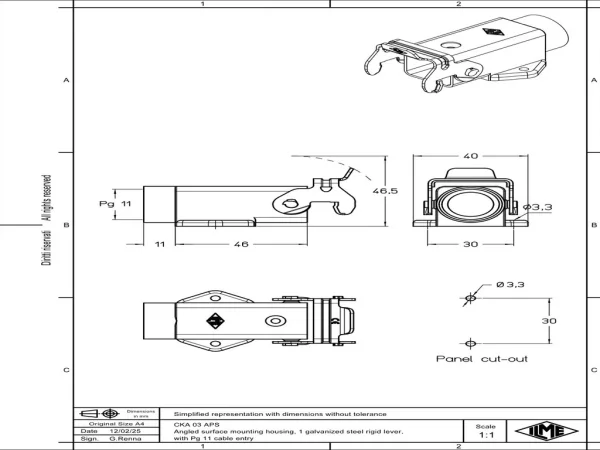bulkhead mounting housing, angled, size 21.21, CKA zinc, 1 lever stainless steel, 1xPG11 side