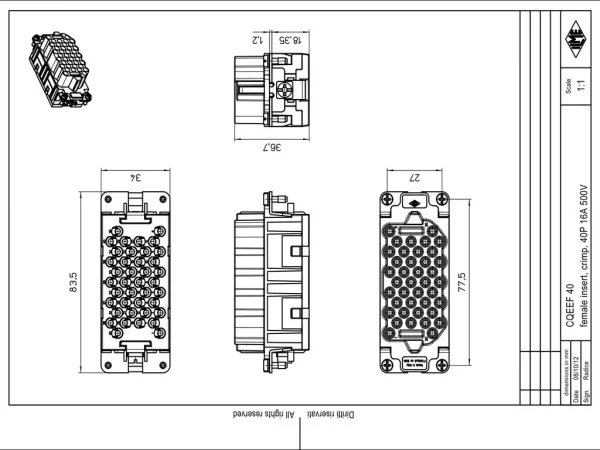 female insert, size 77.27, 40p+PE, crimp, 16A, 500V