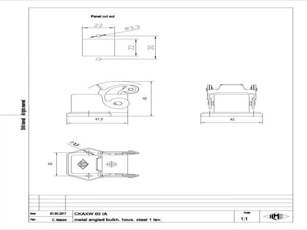 bulkhead mounting housing, angled, size 21.21, W-type zinc, 1 lever stainless steel