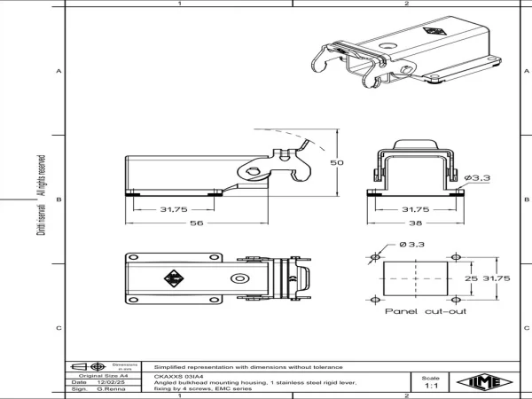 bulkhead mounting housing, angled, size 21.21, EMC zinc, 1 rigid lever stainless steel, large cable gland