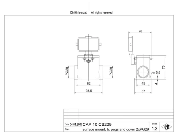 surface mounting housing, high, size 57.27, C-TYPE alu, 4 pegs, 2xPG29 side, cov.