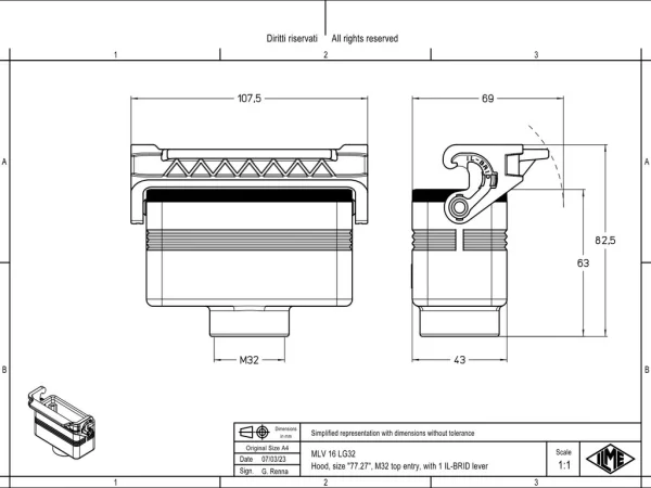 hood, size 77.27, IL-BRID stainless steel, 1 lever, 1xM32 top