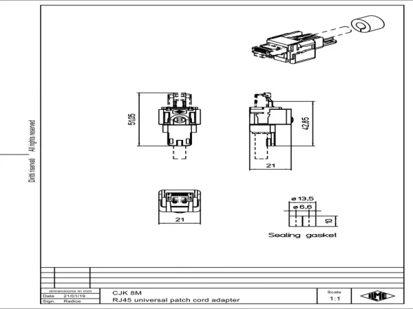 adaptor, size 21.21, for RJ45 patch cable