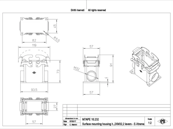surface mounting housing, high, size 57.27, E-Xtreme alu, 2 levers, 2xM32 side