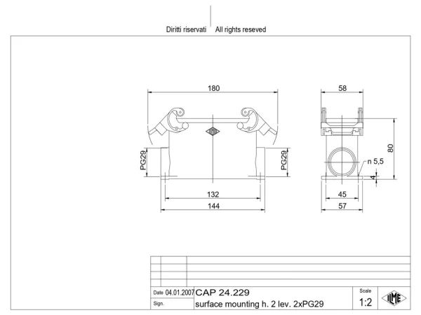 surface mounting housing, high, size 104.27, C-TYPE alu, 2 levers, 2xPG29 side
