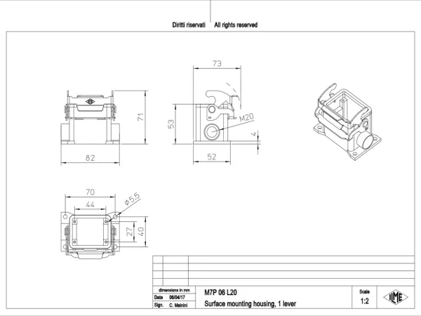 surface mounting housing, size 44.27, V-TYPE alu, 1 lever, 1xM20 side