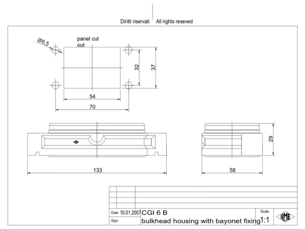bulkhead mounting housing, size 44.27, IP68 alu, bayonet locking