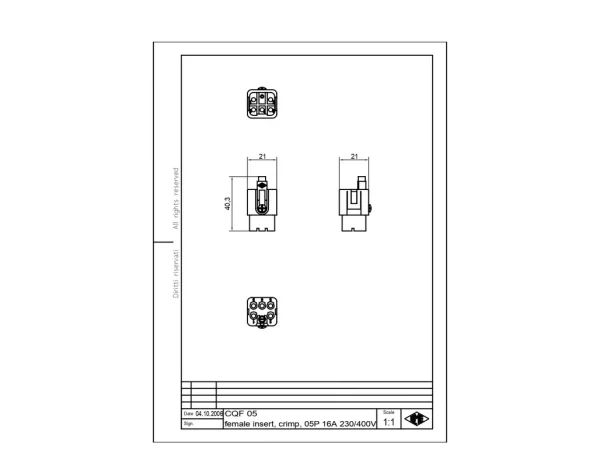 female insert, size 21.21, 5p+PE, crimp, 16A, 230, 400V