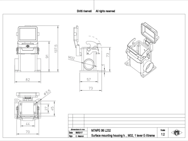 surface mounting housing, high, size 44.27, E-Xtreme alu, 1 lever, 2xM32 side