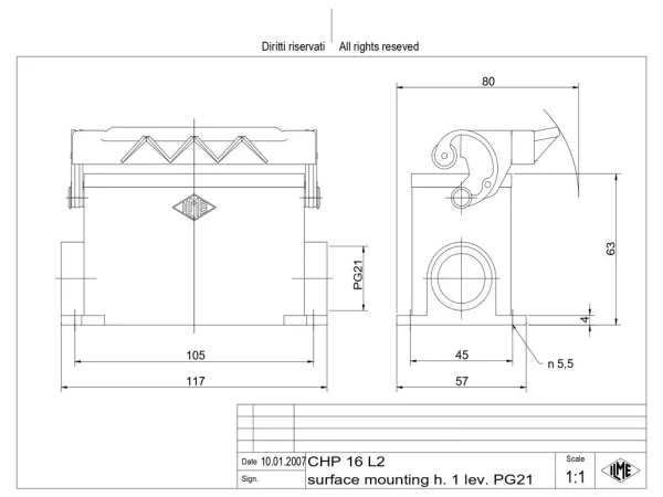 surface mounting housing, size 77.27, C-TYPE alu, 1 lever, 2xPG21 side