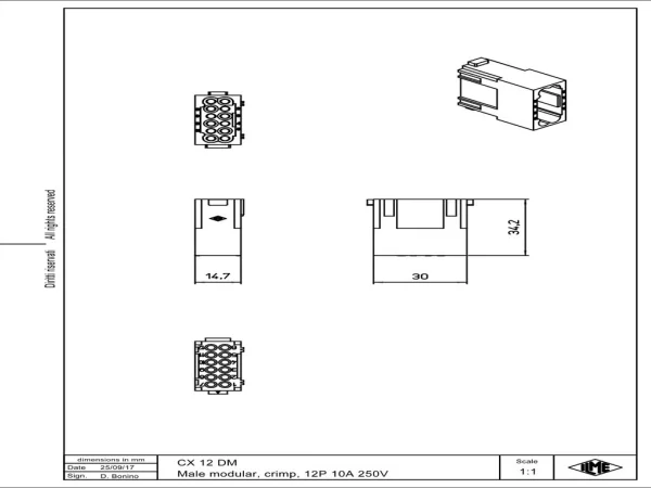 male insert, MIXO, 1MU, 12p, crimp, 10A, 250V