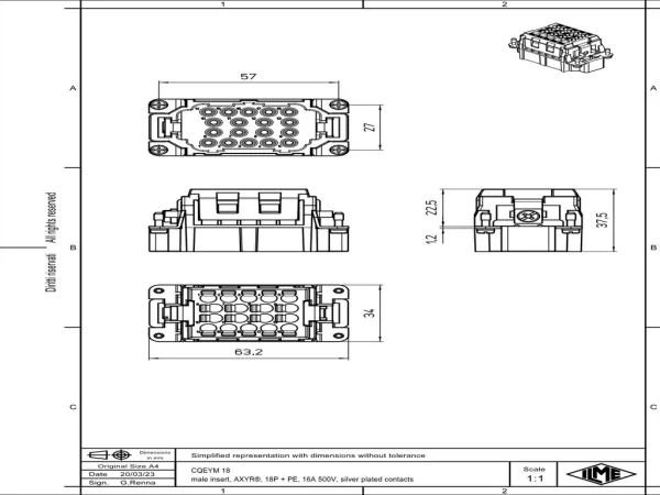 male insert, 57.27, 18+PE, AXYR® push-in connection, 16A, 500V