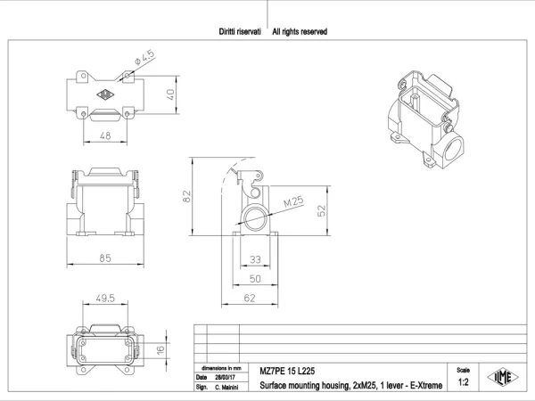 surface mounting housing, size 49.16, E-Xtreme alu, 1 lever, 2xM25 side