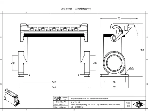 surface mounting housing, size 104.27, IL-BRID stainless steel, 1 lever, 2xM32 side