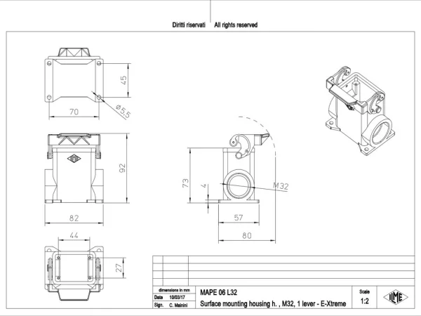 surface mounting housing, high, size 44.27, E-Xtreme alu, 1 lever, 1xM32 side