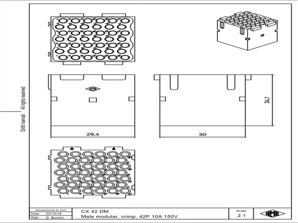 male insert, MIXO, 2MU, 42p, crimp, 10A, 150V