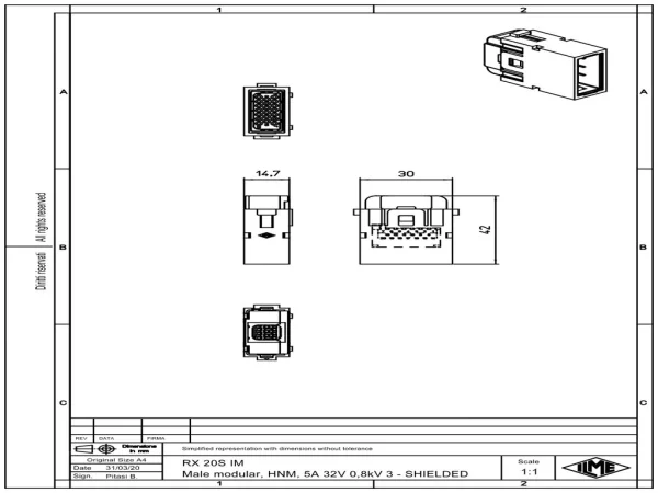 male insert, MIXO HNM, 1MU, 20p, crimp, 4A, 32V