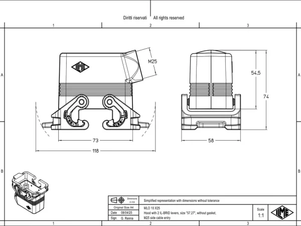 hood, size 57.27, IL-BRID stainless steel, 2 levers, 1xM25 side