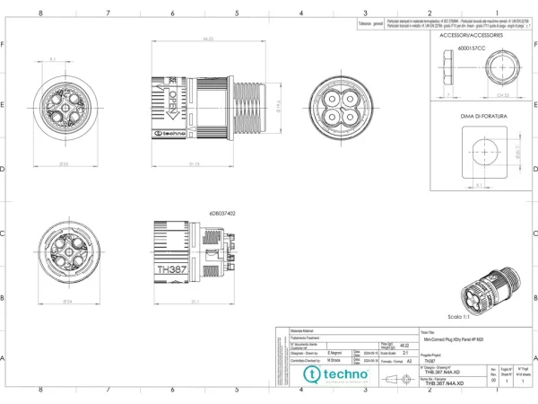 Mini plug connector panel-mounted, screw